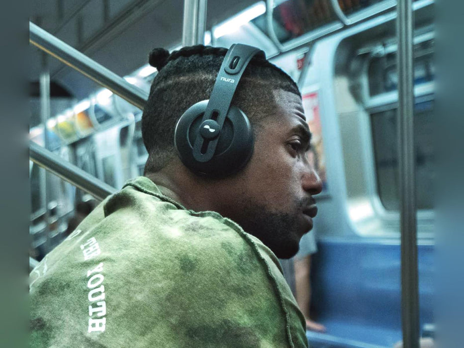 Photo of headphones Nura while listening to music by a man in a train