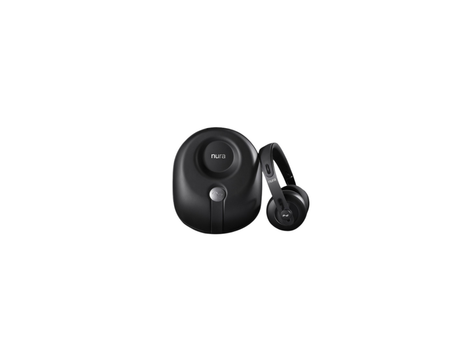Photo showing nura headphone case and nura Headphones based on the right edge of the case