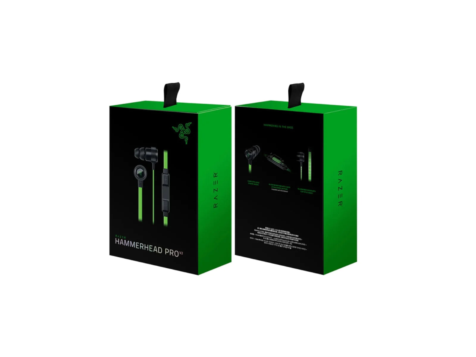Picture of original box back and front view for the Razer Hammerhead Lightning In Ear Earphones on the white background