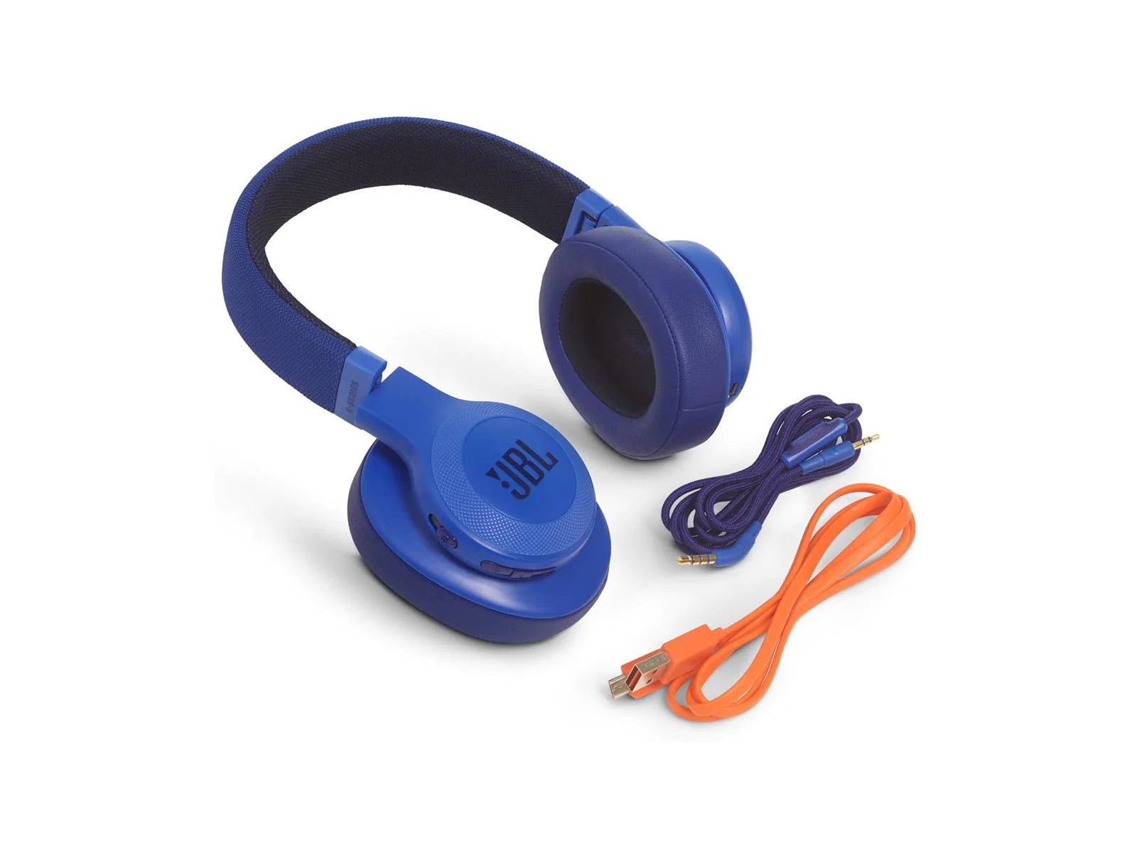 Picture of the JBL headphones orange charging cable and blue cable with buttons to control your headphones on the white background