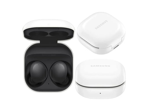 Picture of the Wireless Bluetooth Samsung Galaxy Buds2 with Charging Case in different positions on the white background