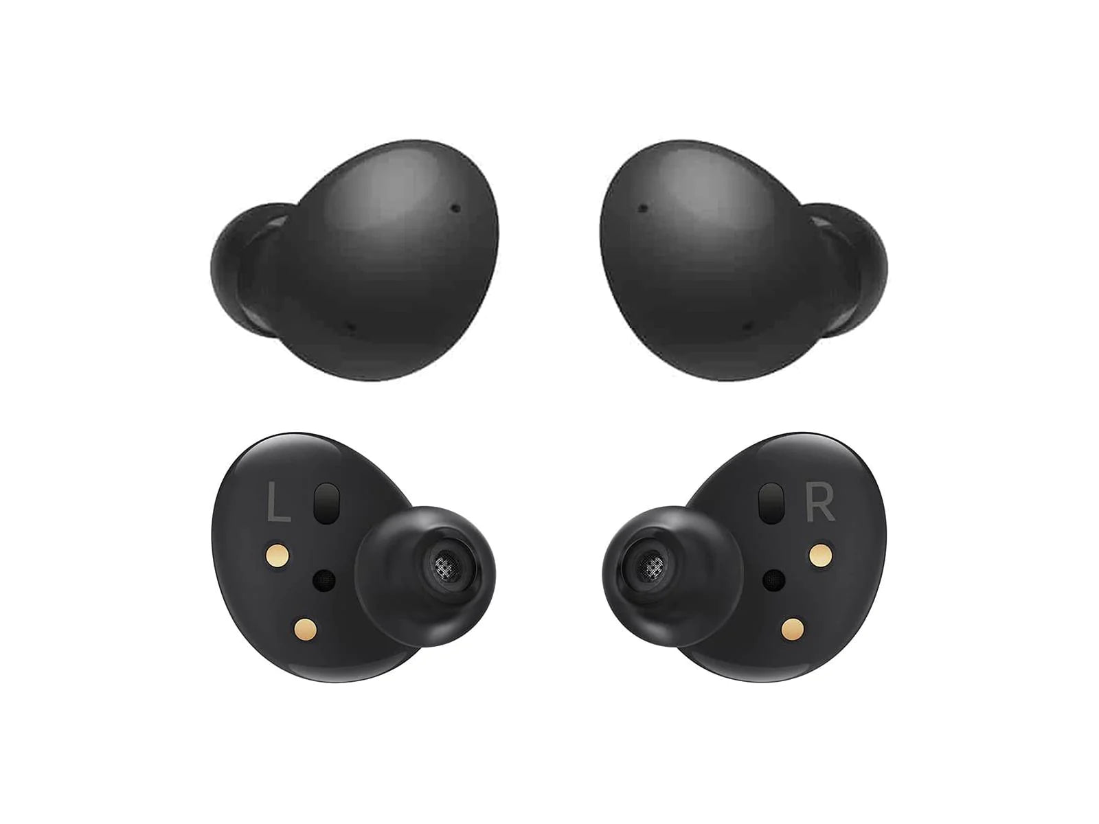 Picture of the black left and right ear pieces in different positions of the Wireless Bluetooth Samsung Galaxy Buds2 on the white background