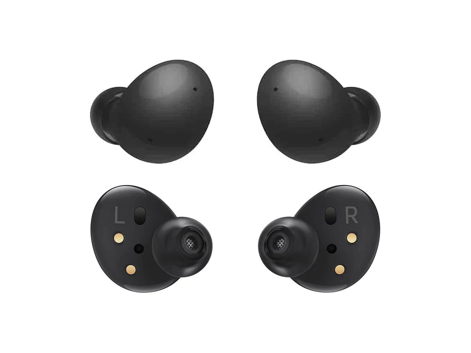 Picture of the black left and right ear pieces in different positions of the Wireless Bluetooth Samsung Galaxy Buds2 on the white background