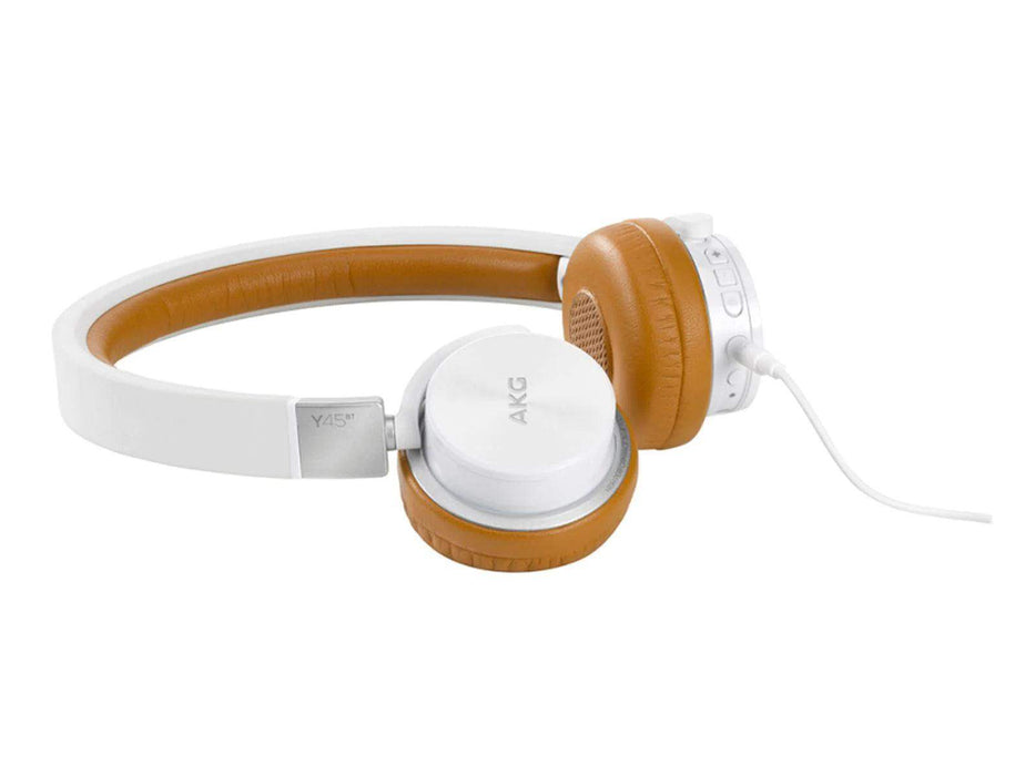 Picture showing white cable is connected to the AKG-Y45BT Rechargeable Wireless On Ear Headphones With Detachable Cable on the white background
