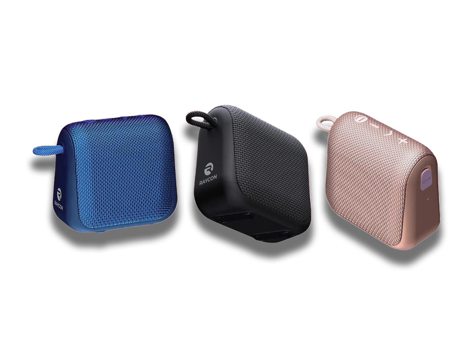 Image shows all three colours of the Raycon Everyday Bluetooth Speaker on a white background
