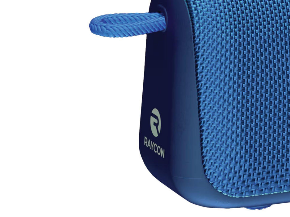 Image shows a close up view of the corner of the blue Raycon Everyday Bluetooth Speaker