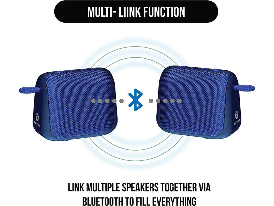 Image shows the blue Raycon Everyday Bluetooth Speaker with some bluetooth info