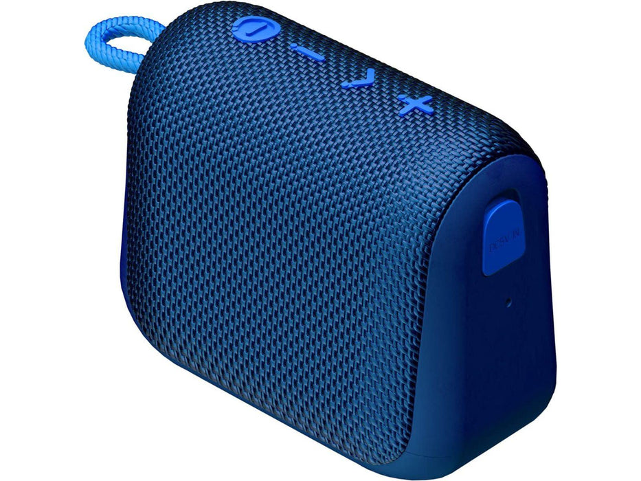 Image shows an angled overhead view of the blue Raycon Everyday Bluetooth Speaker