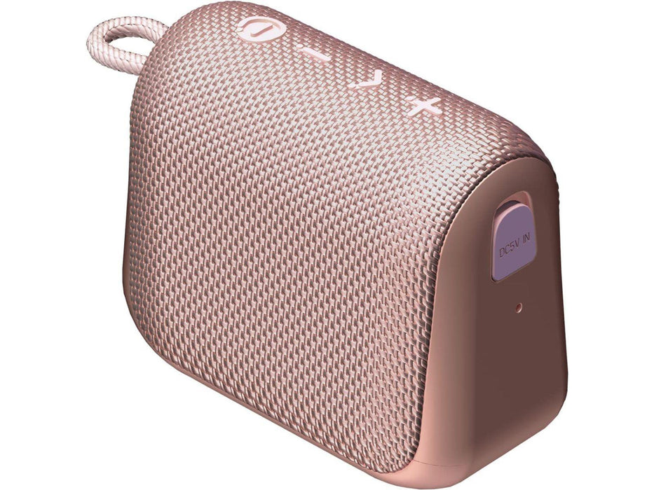 Image shows an angled overhead view of the rosegold Raycon Everyday Bluetooth Speaker