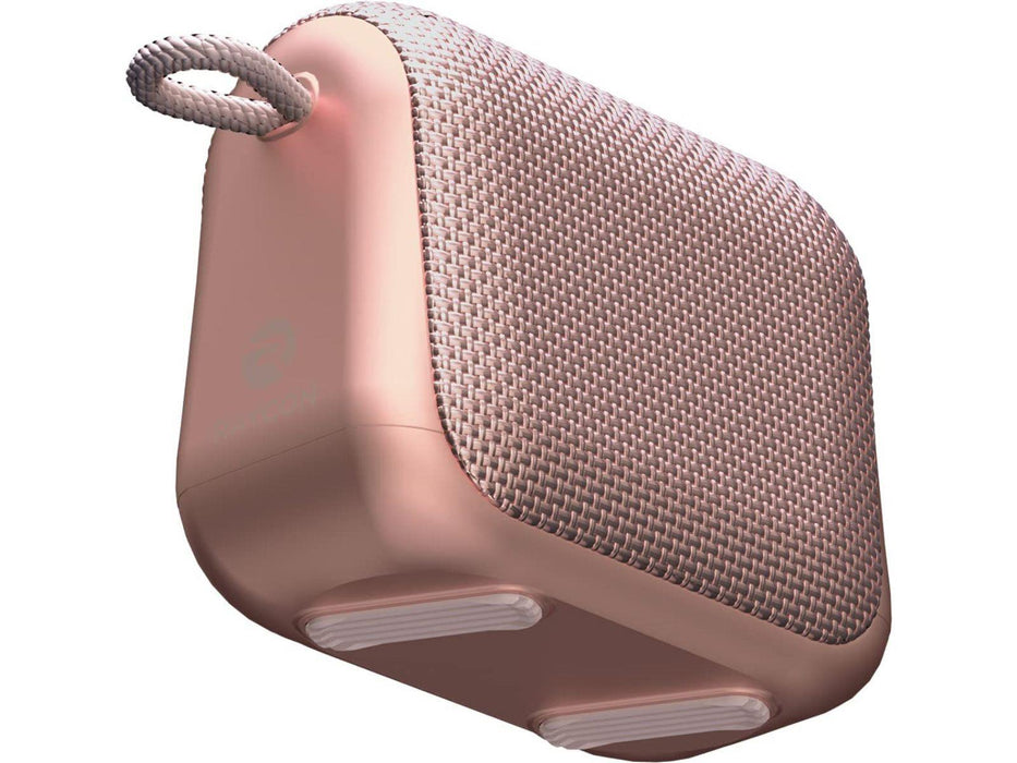 Image shows an angled view of the rosegold Raycon Everyday Bluetooth Speaker from the bottom