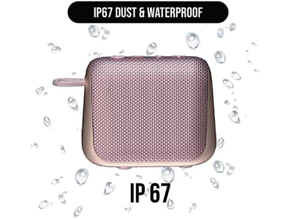 Image shows the rosegold Raycon Everyday Bluetooth Speaker with some waterproof information