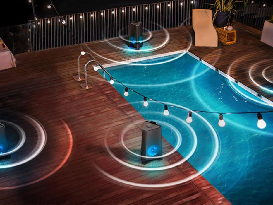 Image shows multiple Samsung MX-T50 Sound Towers around a swimming pool