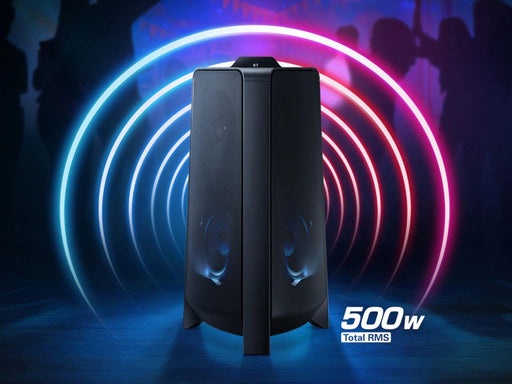 Image shows the Samsung MX-T50 Sound Tower with RMS info