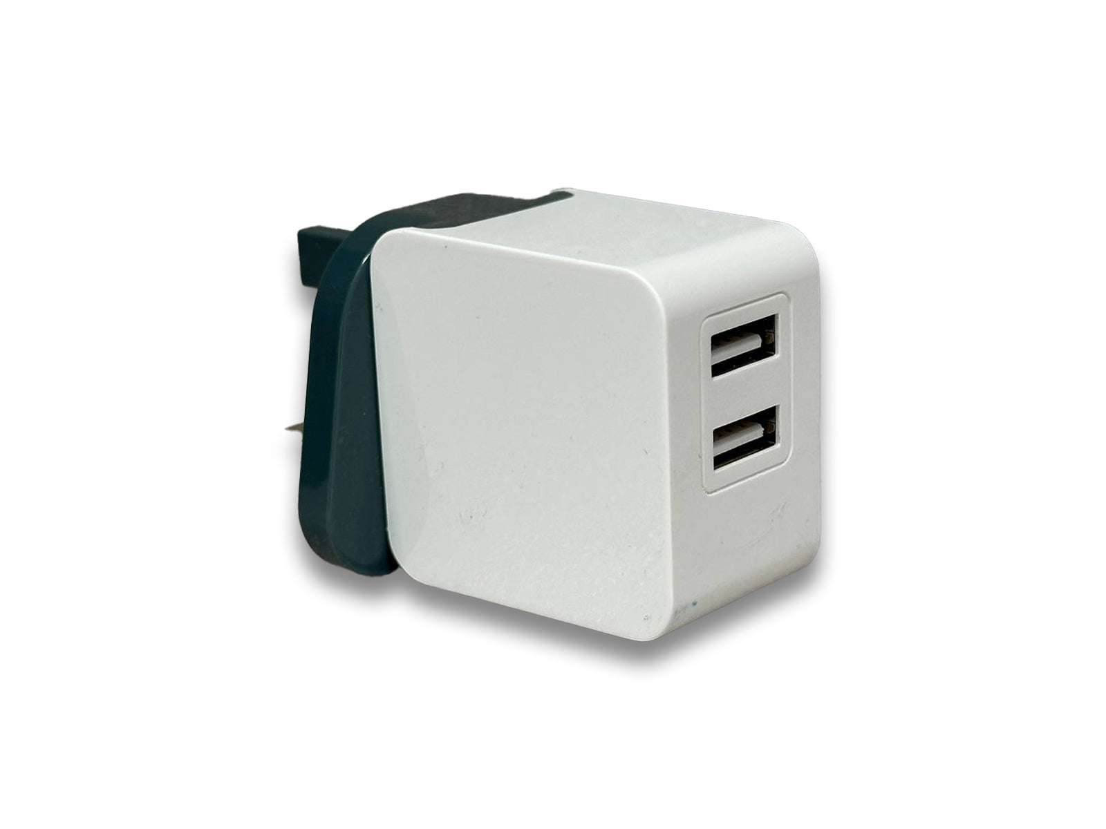 Image shows angled back view of wall charger on white background