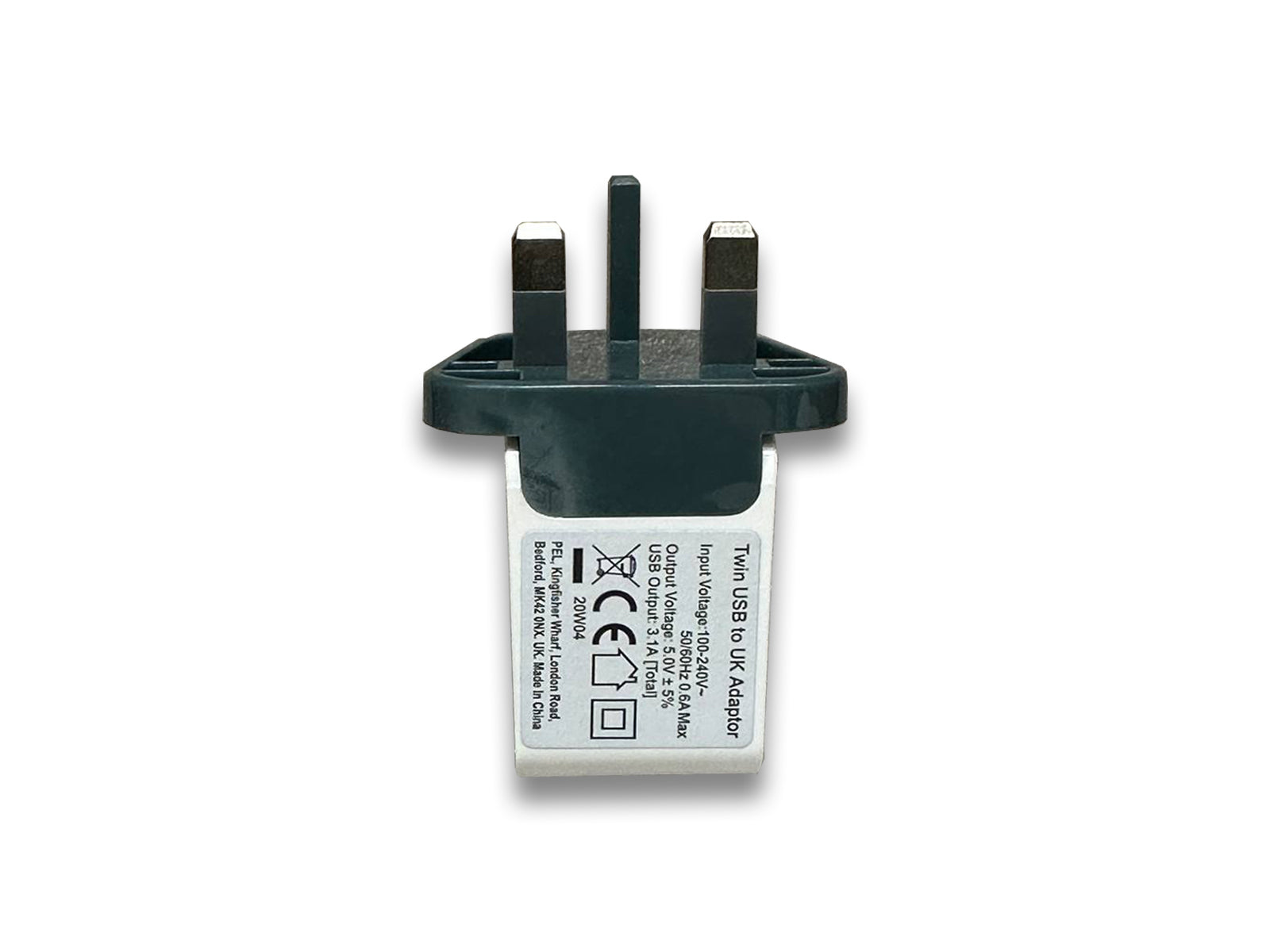 Image shows bottom view of wall charger on white background