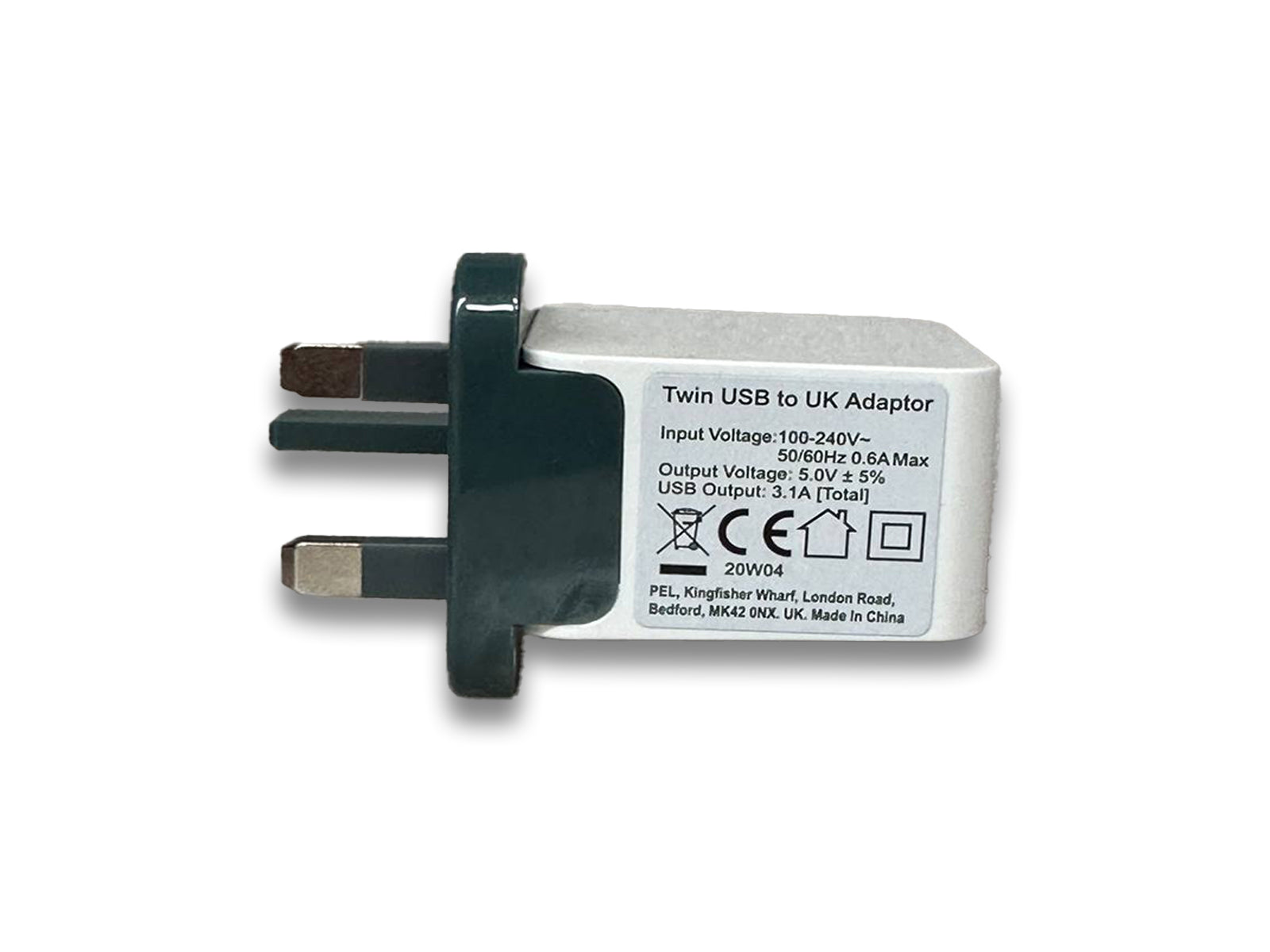 Image shows bottom view of wall charger on white background