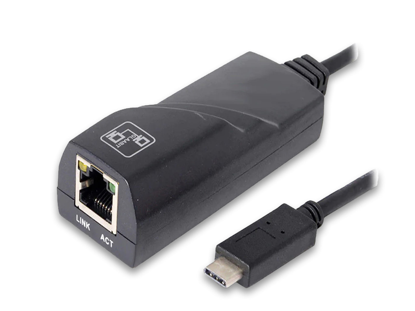 Image shows the RJ45 10/100/1000 Gigabit Ethernet Adapter to USB 3.1 Type-C Plug ideal for use with Macbooks, PCs & laptops