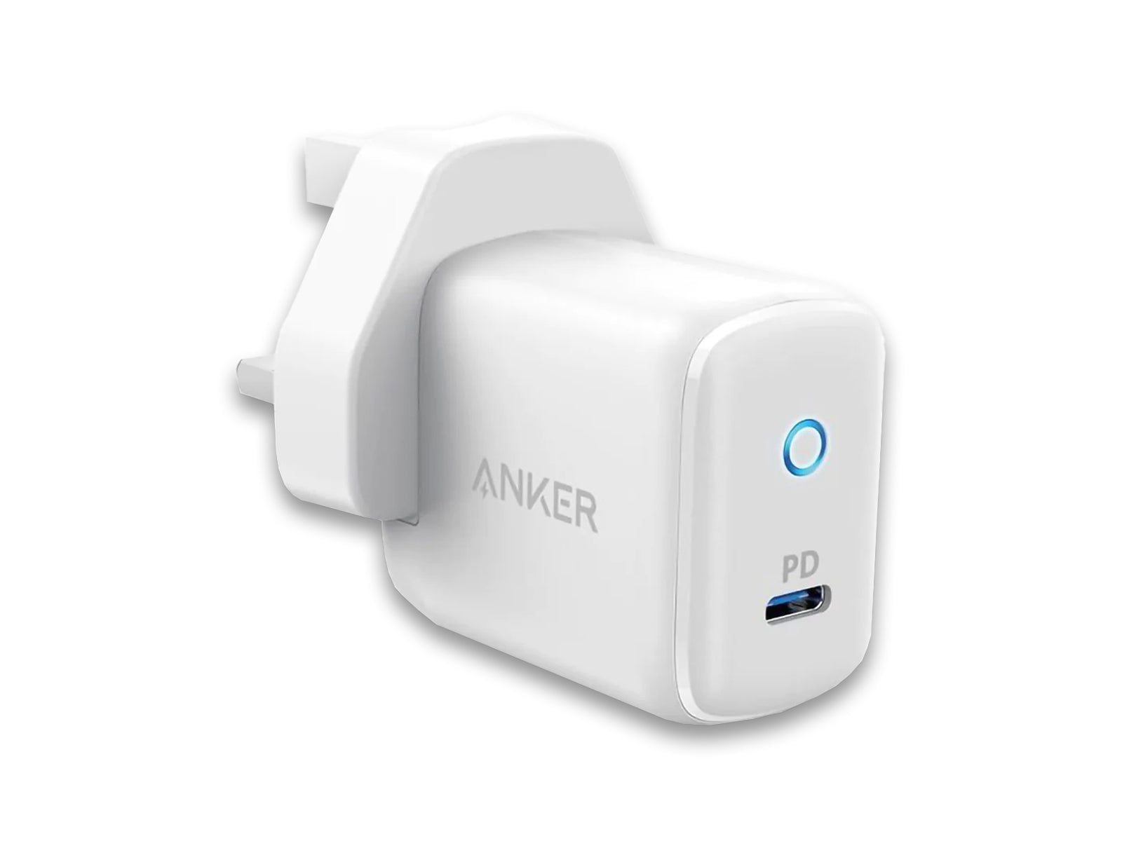 Image shows a front view of the Anker PowerPort PD USB-C 18W Fast Charger White