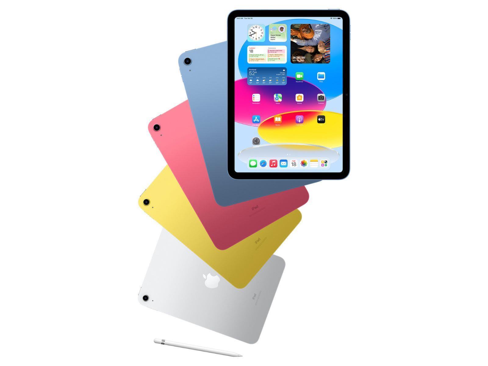 iPad 10 in Blue, Pink, Yellow, And Silver With Apple Pencil