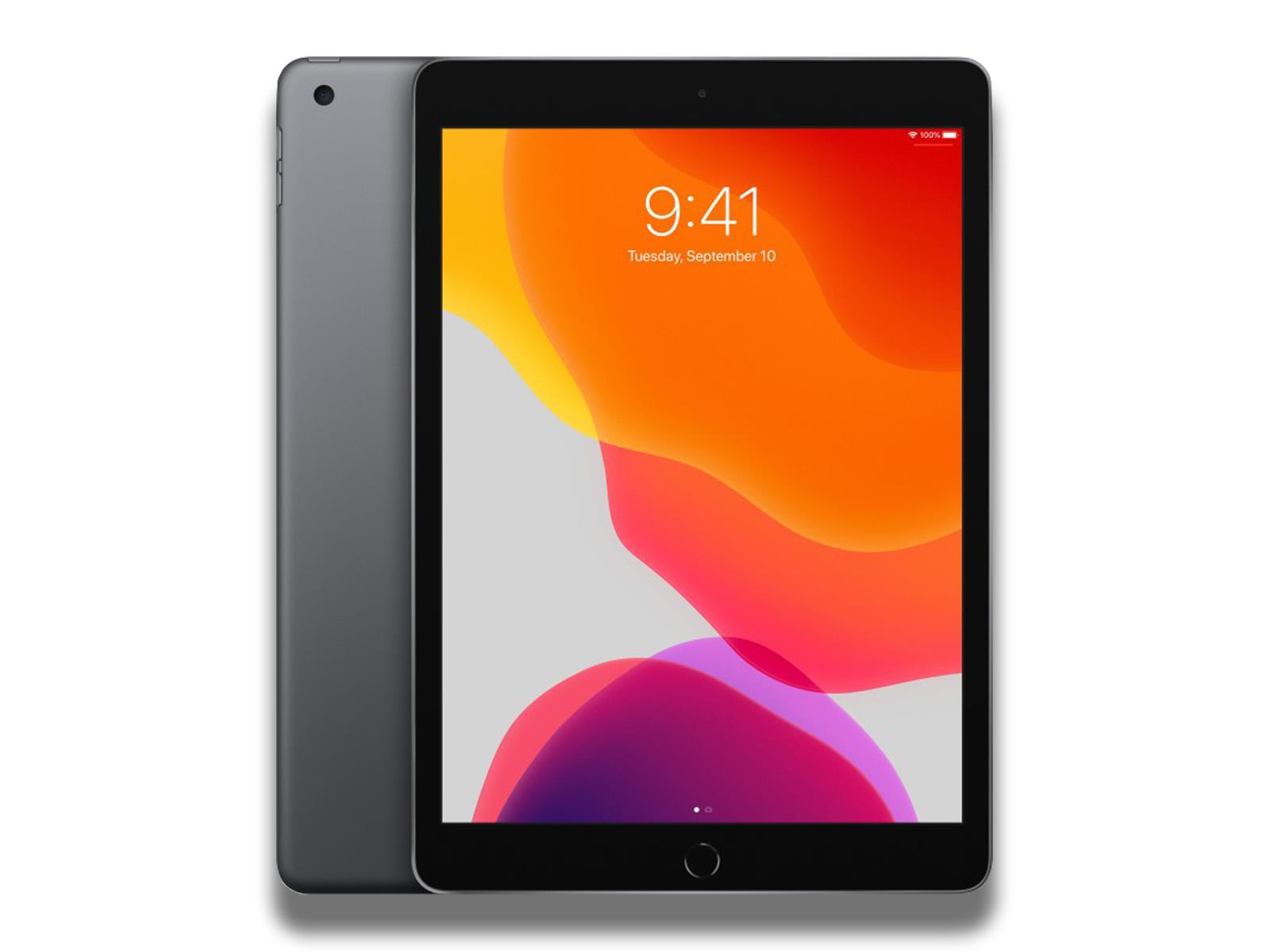 Image shows a front and back view of the Space Grey iPad 7th Gen