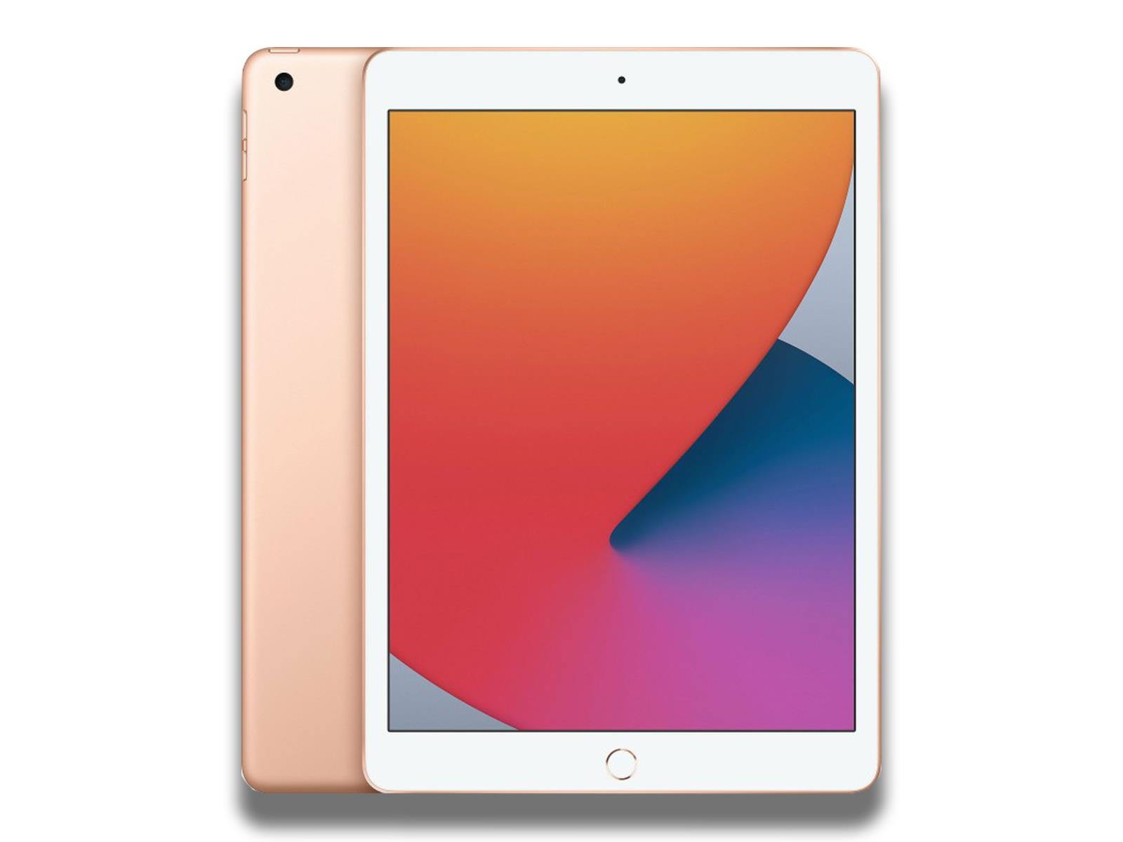 Image shows a front and back view of the Gold Apple iPad 8