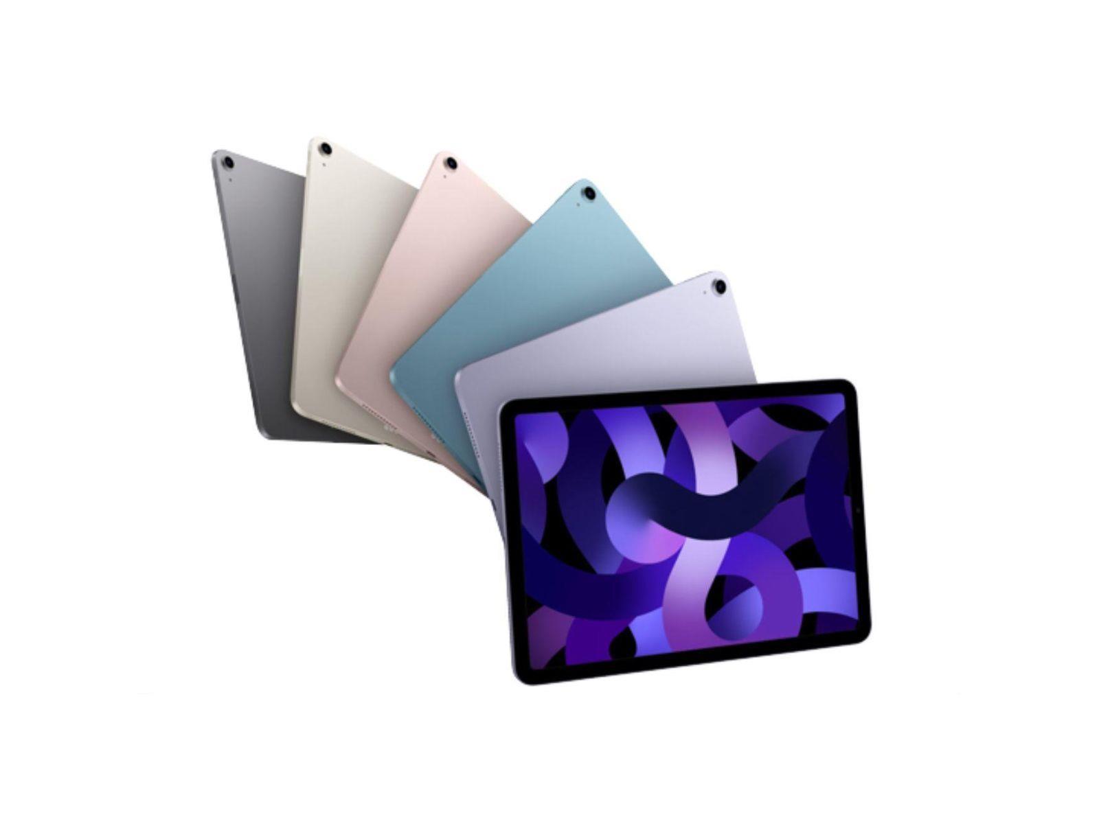 iPad Air 5 Space Grey, Starlight, Pink, Blue, And Purple Diagonal View