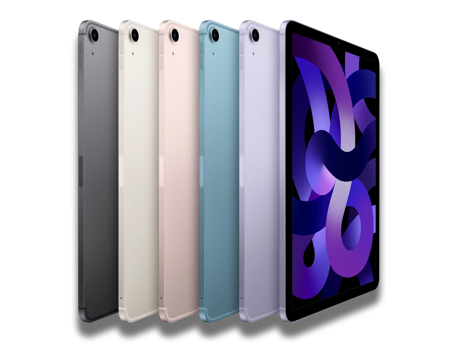 iPad Air 5 Space Grey, Starlight, Pink, Blue, And Purple From The Side