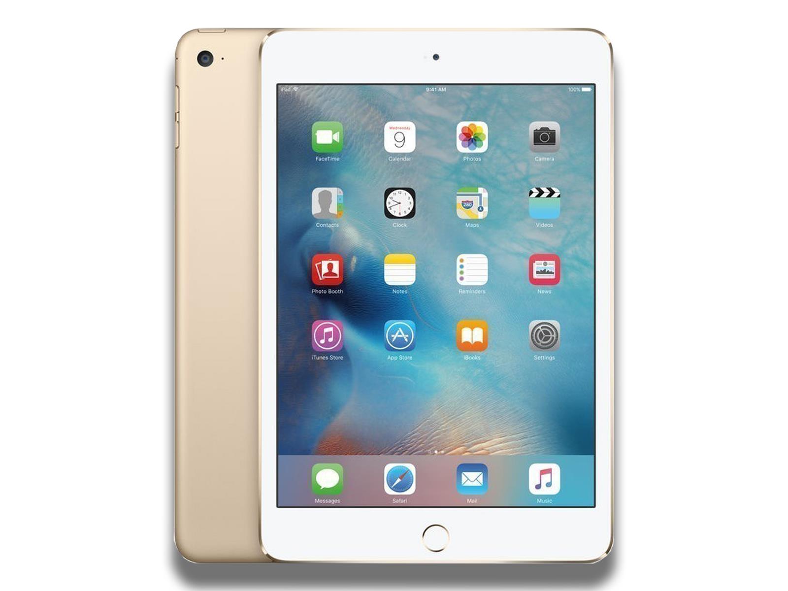 Image shows a front and rear view of the Gold Apple iPad Mini 4th Generation