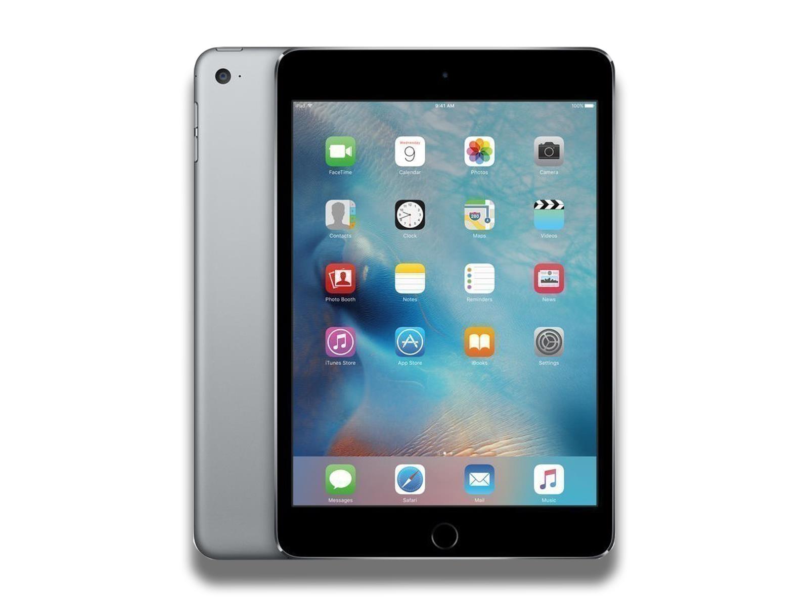 Image shows a front and rear view of the Space Grey Apple iPad Mini 4th Generation