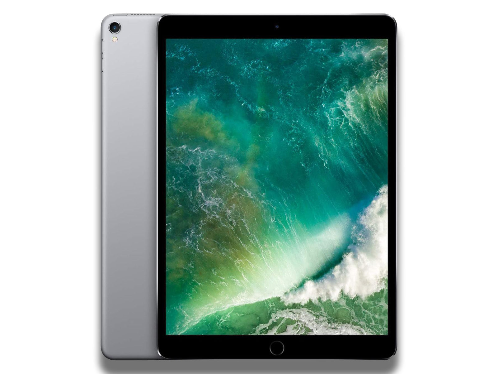 Image shows a front and back view of the space grey Apple iPad Pro 12.9-inch 2nd Generation