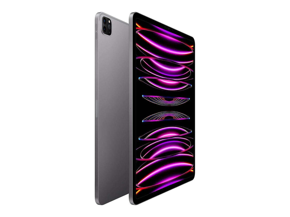 Image shows an angled view of the space grey Apple iPad Pro 12.9-inch 6th Generation