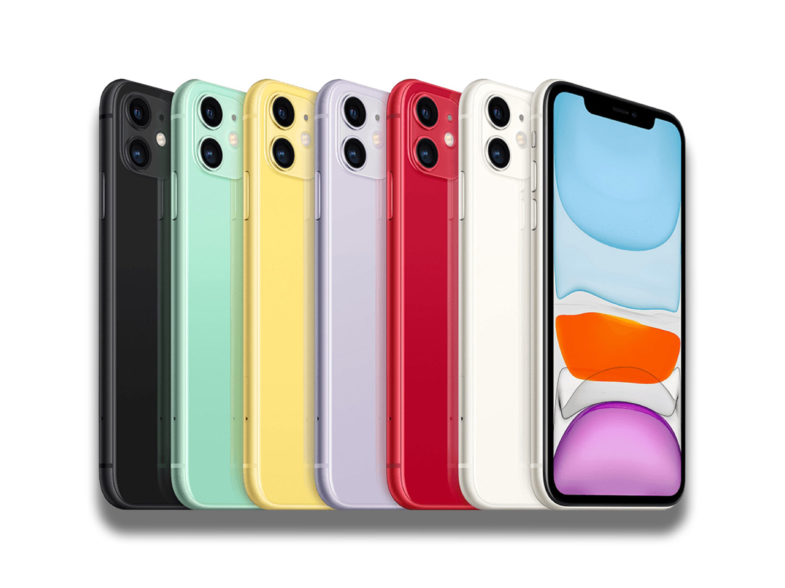 Image shows an angled view of all colours of the iPhone 11