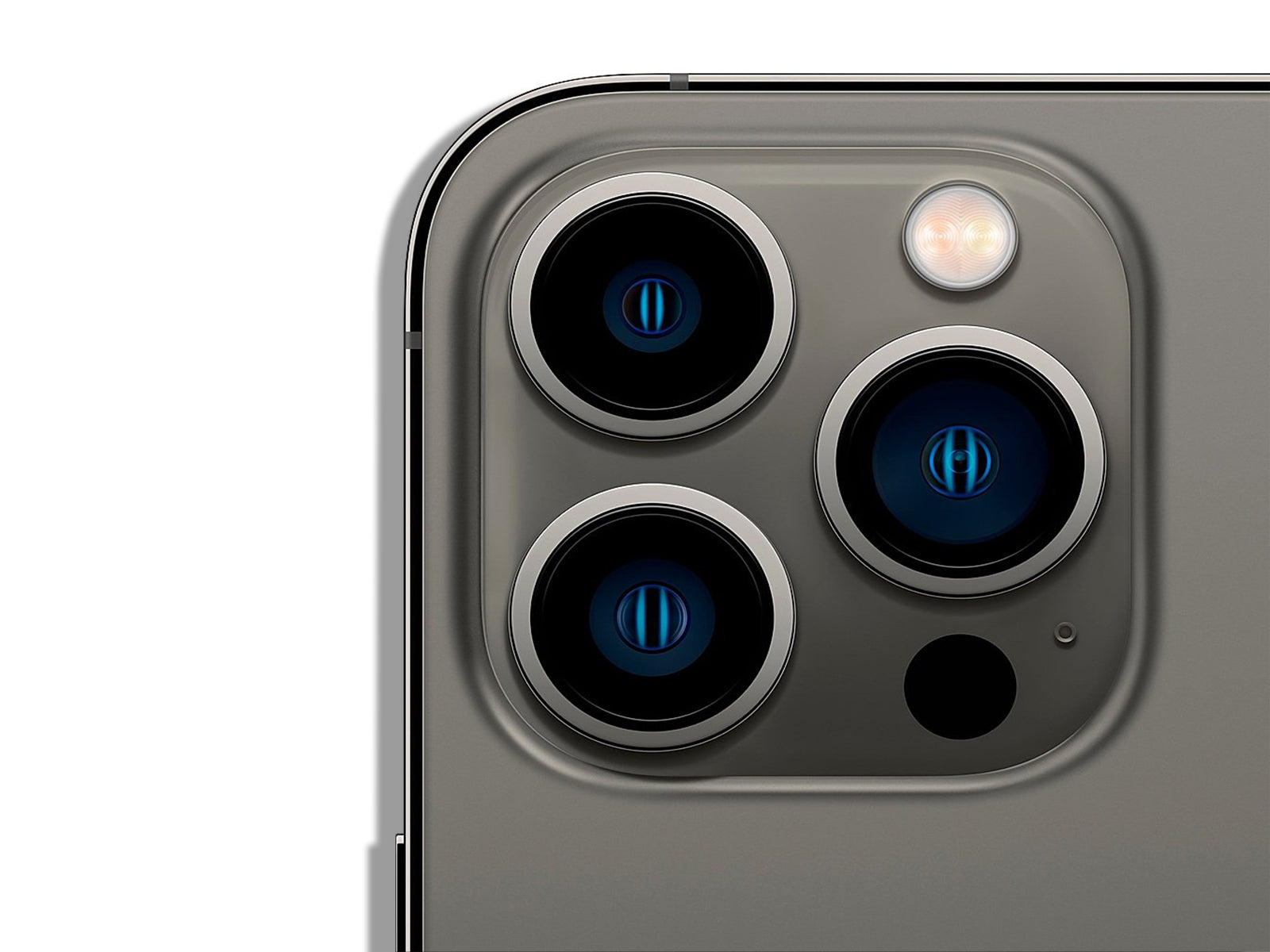 Image shows close up of camera for Graphite iPhone 13 Pro on white background