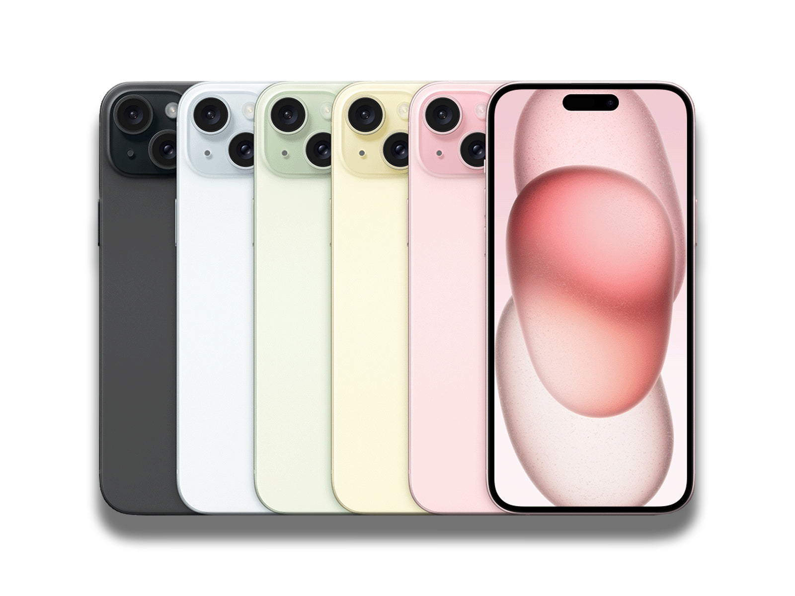iPhone 15 Plus In Black, Blue, Green, Yellow, And Pink Back