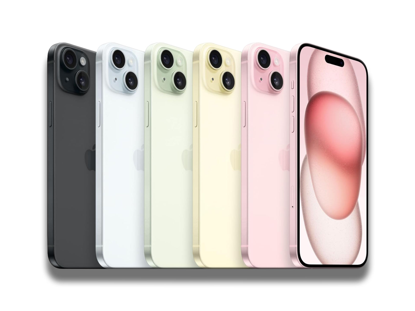 iPhone 15 Plus In Black, Blue, Green, Yellow, And Pink Side