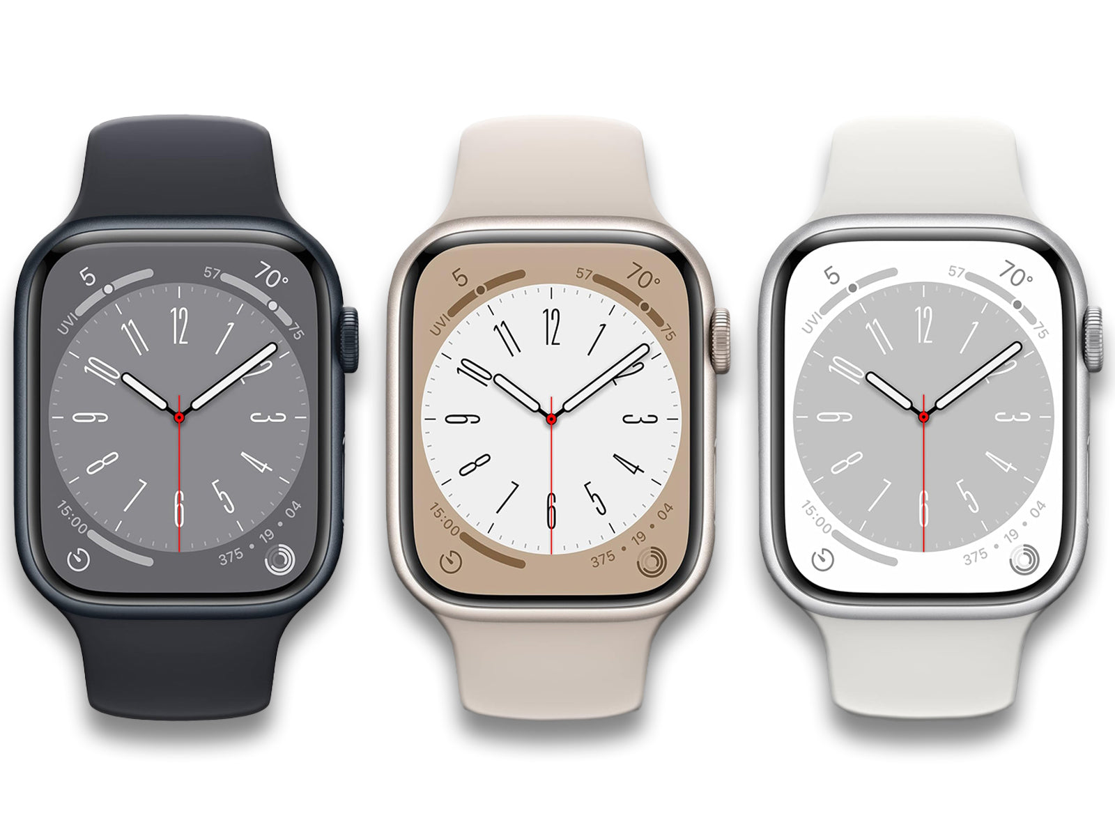 Apple Watch Series 8 in Midnight, Starlight, and Silver Front
