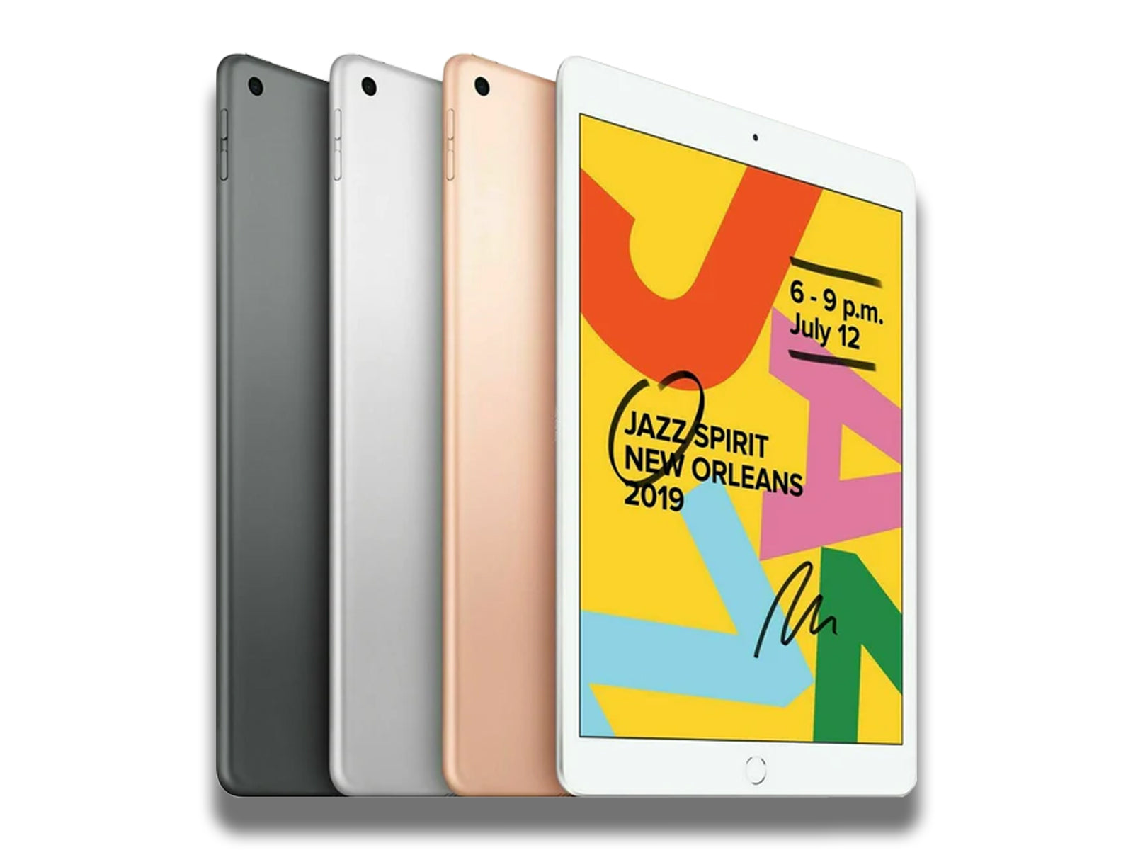 Image shows an angled view of all colours the iPad 7 comes in