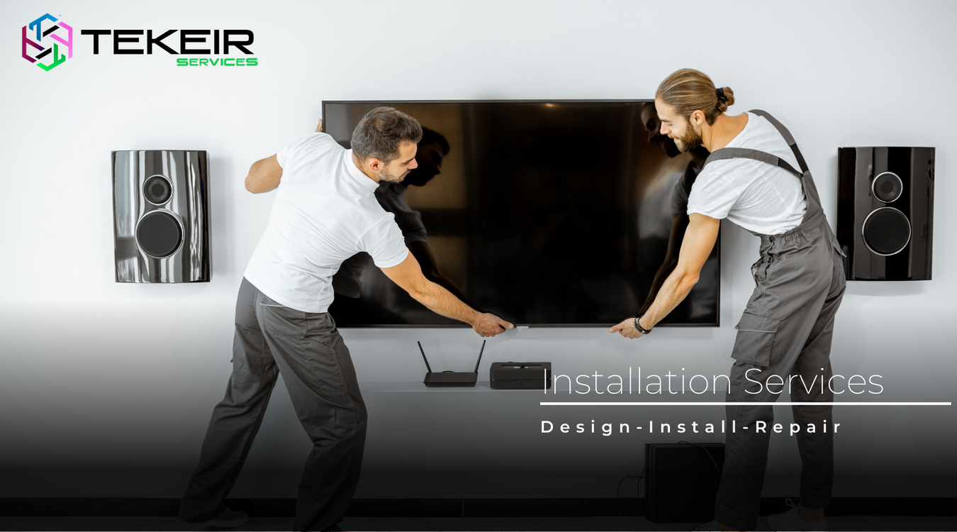 service team installing a tv and speaker set up