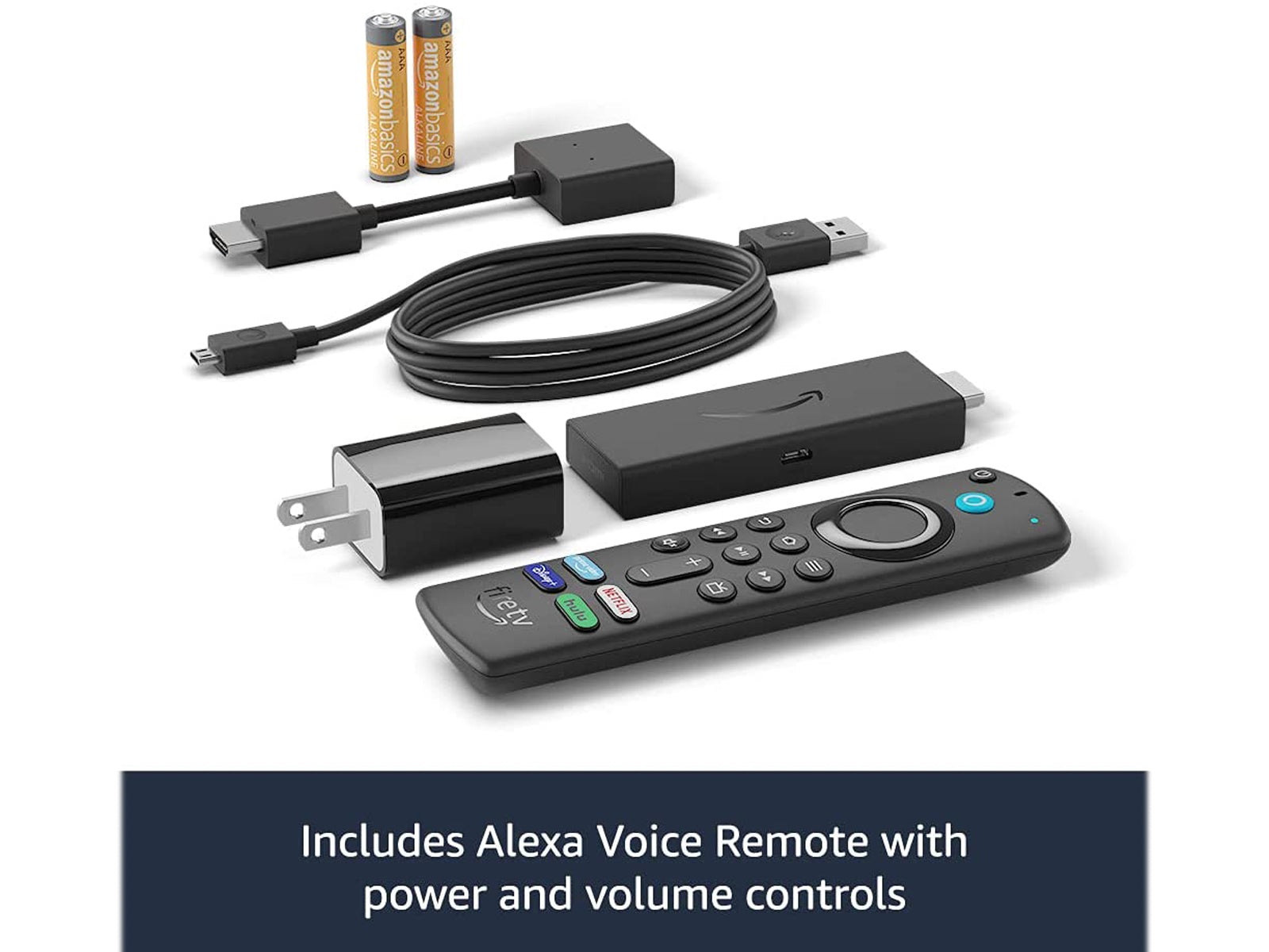Image shows all items included with the Amazon Fire TV Stick 4K 2021
