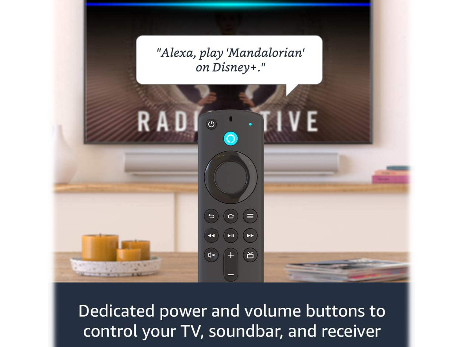 Image shows the Amazon Fire TV Stick HD 2020 remote with information