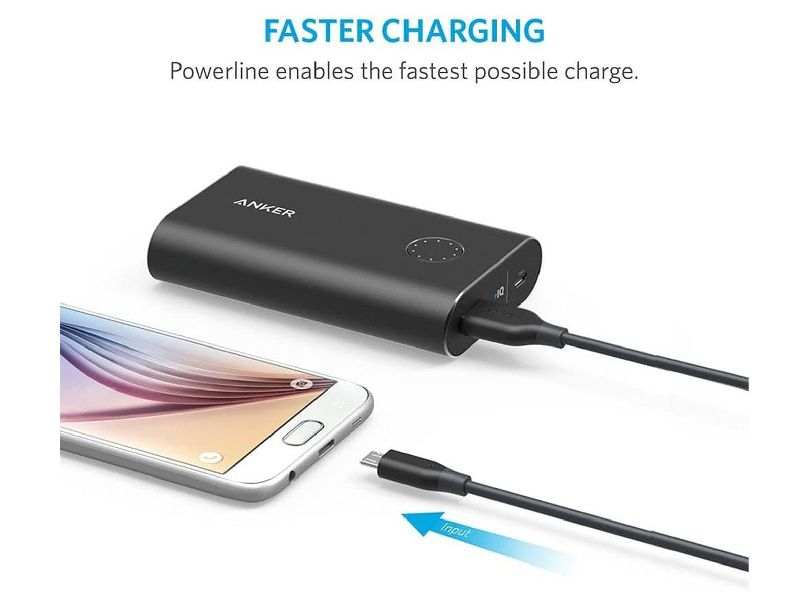 PowerLine Select Micro USB High-Speed Charging Cable Plugged into Power Bank