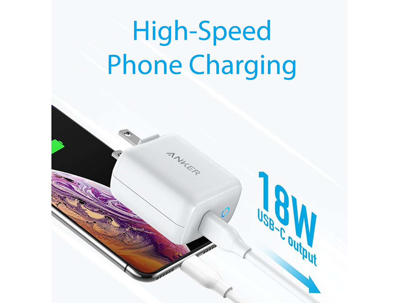 Image shows the high speed charging feature of the Anker PowerPort PD USB-C 18W Fast Charger White
